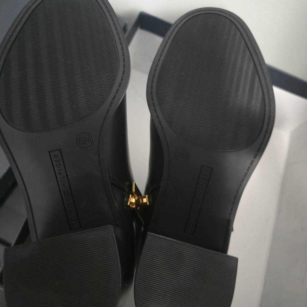 Tommy Hilfiger Black Heeled Ankle Boots with Gold Accent